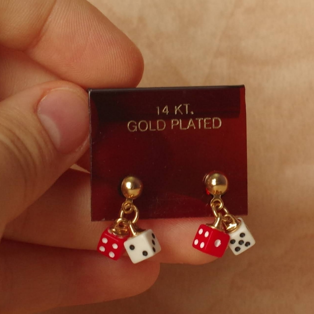 Gold Miniature Dice Earrings White Red 14 Karot